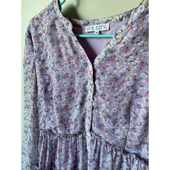 Ivy City Co Lydia in Purple Floral Flowy Whimsical Tiered A-Line Chiffon Dress - Picture 6 of 14